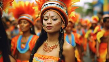 Jeune adultes et femmes dans traditionnel Vêtements célébrer brésilien culture en plein air généré par ai photo