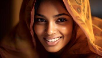 souriant Jeune femme à la recherche à caméra, exsudant beauté et bonheur généré par ai photo