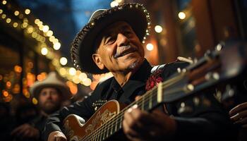 souriant musicien en jouant guitare, apportant bonheur à le Extérieur performance généré par ai photo