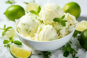 fait maison citron vert la glace crème avec menthe et citron vert tranches dans une bol, citron vert la glace crème sucettes glacées avec citron vert et menthe sur blanc pierre arrière-plan, ai généré photo