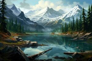fantaisie paysage avec lac, montagnes et forêt. numérique peinture, Lac dans le montagnes, ai généré photo