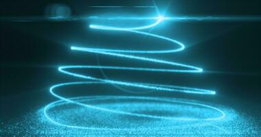 abstrait brillant bleu en volant ligne de points et lumineux particules de énergique magique brillant spirales dans le forme de une Noël Nouveau année arbre photo