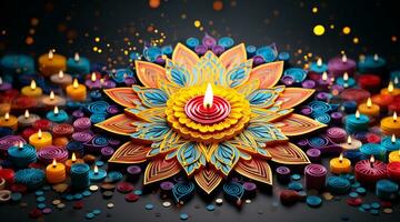 coloré diwali mandala avec bougies et confettis photo