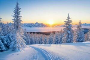 hiver avec Frais neige couvert les forêts et montagnes à lever du soleil. Contexte. ai génératif pro photo