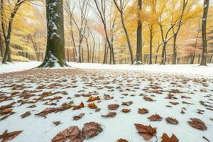 déchue feuilles dans neigeux forêt parc. Contexte. ai génératif pro photo