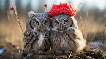 photo de fondant deux génial cornu chouettes avec un accentuation sur expression de l'amour. génératif ai