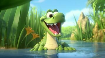 une mignonne peu Nil crocodile dans disney dessin animé style. génératif ai photo