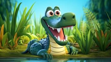 une mignonne peu Nil crocodile dans disney dessin animé style. génératif ai photo