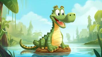 une mignonne peu Nil crocodile dans disney dessin animé style. génératif ai photo