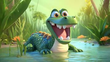 une mignonne peu Nil crocodile dans disney dessin animé style. génératif ai photo