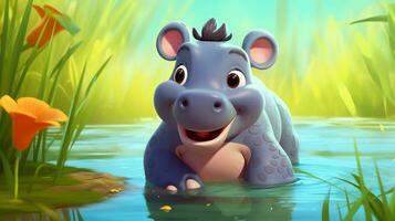 une mignonne peu hippopotame dans disney dessin animé style. génératif ai photo