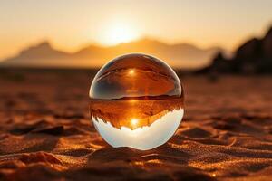 une verre Balle dans le milieu de le désert dans le des rayons de le coucher du soleil. fermer, magnifique voir. généré par artificiel intelligence photo