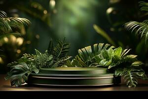 podium maquette autour avec les plantes pour produit afficher génératif par ai photo