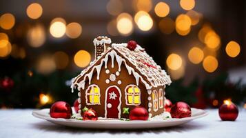 ai génératif Noël pain d'épice Maisons et village proche en haut coup de décoré pain d'épice biscuits photo