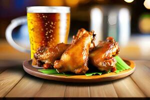 grillé poulet ailes avec une verre de Bière sur une en bois tableau. ai génératif photo