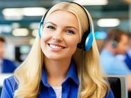 portrait de magnifique souriant client un service représentant avec casque dans appel centre. ai génératif photo