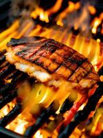 grillé Saumon steak sur le gril avec flammes dans le Contexte. ai génératif photo