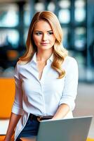 portrait de Jeune femme d'affaires travail avec portable dans le bureau. ai génératif photo