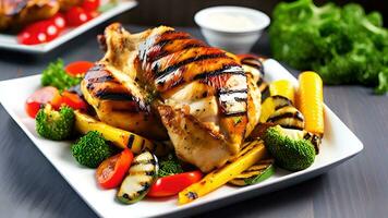 grillé poulet filet avec des légumes sur blanc plaque, fermer. ai génératif photo