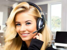 portrait de magnifique souriant client un service représentant avec casque dans appel centre. ai génératif photo