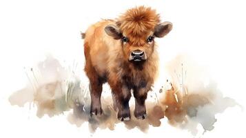 une mignonne peu bison dans aquarelle style. génératif ai photo