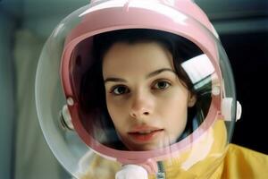 portrait de face vue de femme dans astronaute costume. produire ai photo