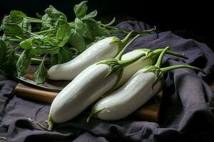 Frais blanc aubergines sur en bois tableau. produire ai photo