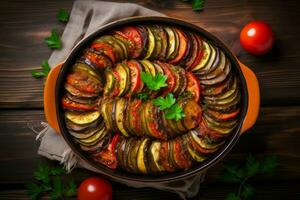 délicieux Ratatouille dans cuisson plat avec Frais des légumes. produire ai photo