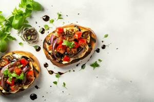 délicieux bruschettas avec balsamique le vinaigre Haut voir. produire ai photo