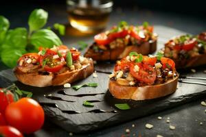 délicieux bruschettas avec balsamique le vinaigre à pierre planche. produire ai photo