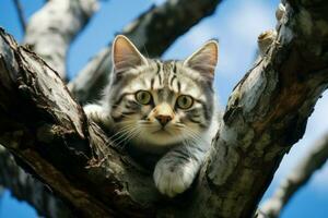 brillant chat sur arbre branche. produire ai photo