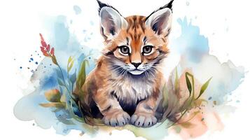 une mignonne peu Lynx dans aquarelle style. génératif ai photo