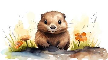 une mignonne peu marmotte dans aquarelle style. génératif ai photo