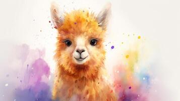 une mignonne peu lama dans aquarelle style. génératif ai photo