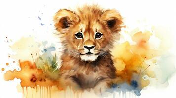 une mignonne peu Lion dans aquarelle style. génératif ai photo