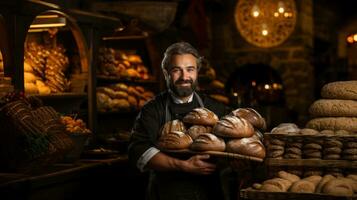 portrait de une boulanger en portant une plateau de pain dans une boulangerie. photo