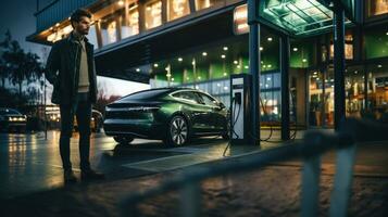 Jeune homme mise en charge le sien électrique vert voiture à le gaz station dans le soir. photo