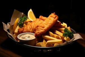 poisson et puces, traditionnel Britanique aliments. génératif ai photo