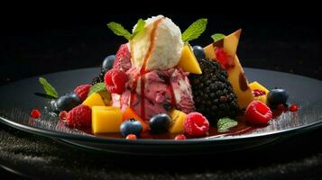 une coloré gourmet dessert avec Frais fruit et parfumé photo