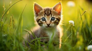 une mignonne chaton séance dans le herbe regarder ludique photo