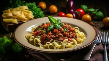 une délicieux fait maison Pâtes repas avec bolognaise sauce photo