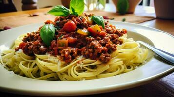 une délicieux fait maison Pâtes repas avec bolognaise sauce photo