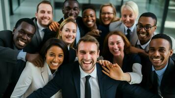 une diverse groupe sourit travail en équipe pistes Succès photo