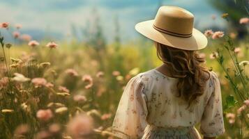 une agriculteur dans une paille chapeau jouit la nature épanouissement beauté photo