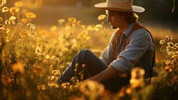 une agriculteur dans une paille chapeau jouit la nature épanouissement beauté photo