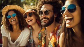 une groupe de souriant gens profiter le en plein air portant photo