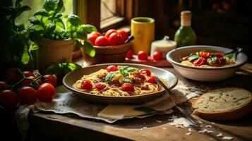 une en bonne santé fait maison italien repas sur une rustique en bois table photo