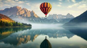 une chaud air ballon en volant plus de une Lac avec montagnes photo