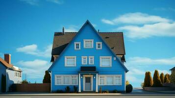 une maison avec une bleu toit et une bleu toit photo