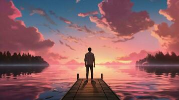 une homme des stands sur une Dock à le coucher du soleil avec une rose ciel photo